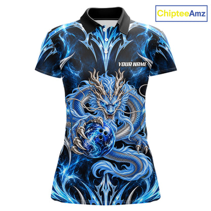 Custom Thunder Dragon Bowling Shirt Blue Tribal Bowling Jersey Polo & Quarter-Zip QZT1364