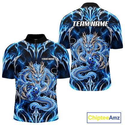 Custom Thunder Dragon Bowling Shirt Blue Tribal Bowling Jersey Polo & Quarter-Zip QZT1364