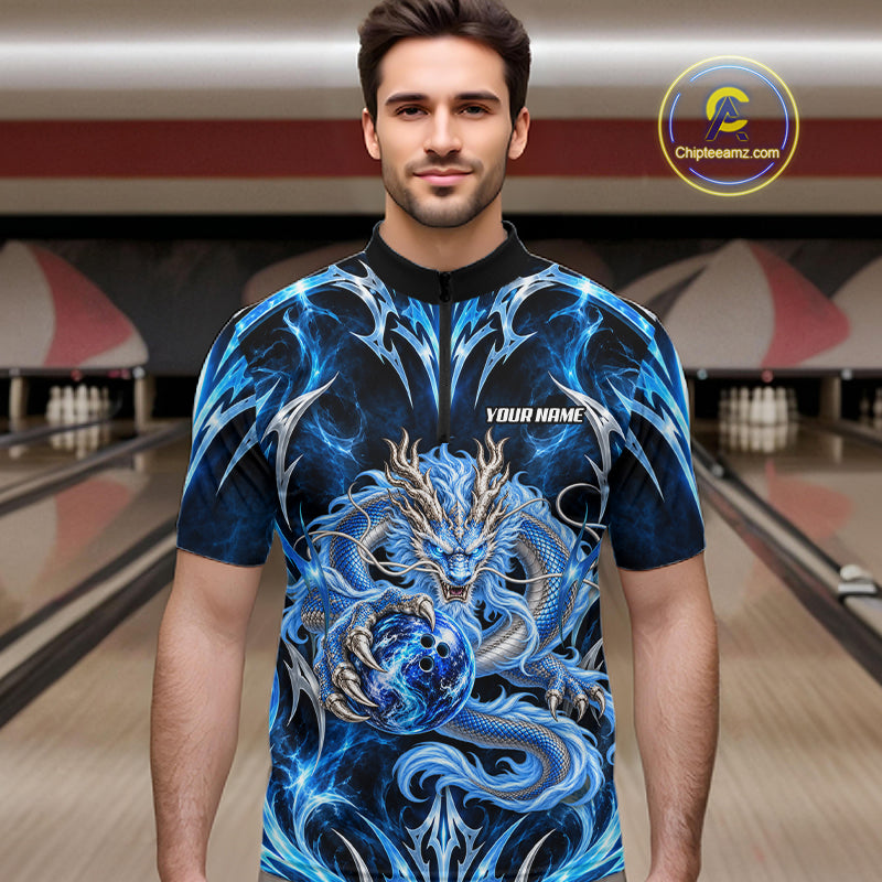 Custom Thunder Dragon Bowling Shirt Blue Tribal Bowling Jersey Polo & Quarter-Zip QZT1364