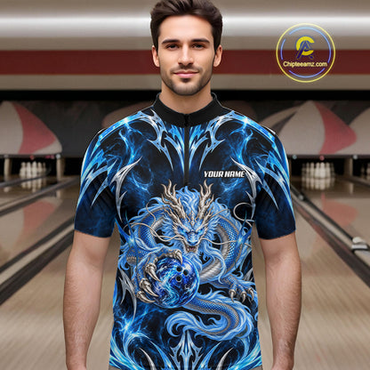 Custom Thunder Dragon Bowling Shirt Blue Tribal Bowling Jersey Polo & Quarter-Zip QZT1364