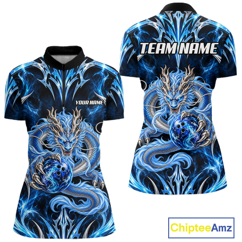 Custom Thunder Dragon Bowling Shirt Blue Tribal Bowling Jersey Polo & Quarter-Zip QZT1364