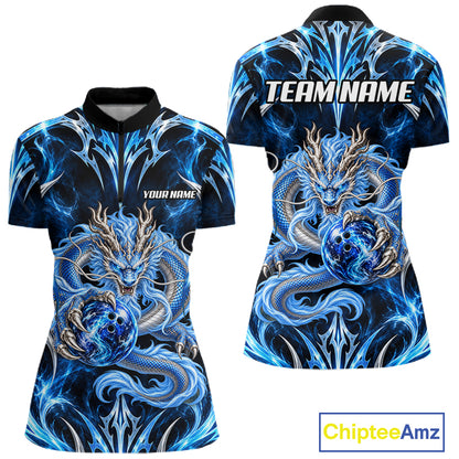 Custom Thunder Dragon Bowling Shirt Blue Tribal Bowling Jersey Polo & Quarter-Zip QZT1364