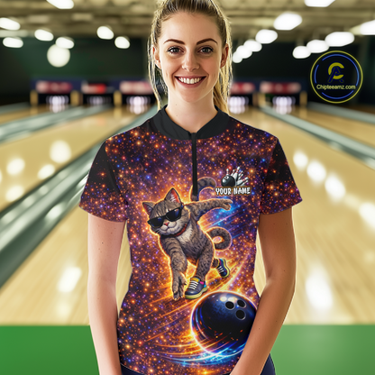 Custom Galaxy Funny Cat Bowling Shirt for Women Bowling League Jersey Polo & Quarter-Zip Bowling Outfit QZT917