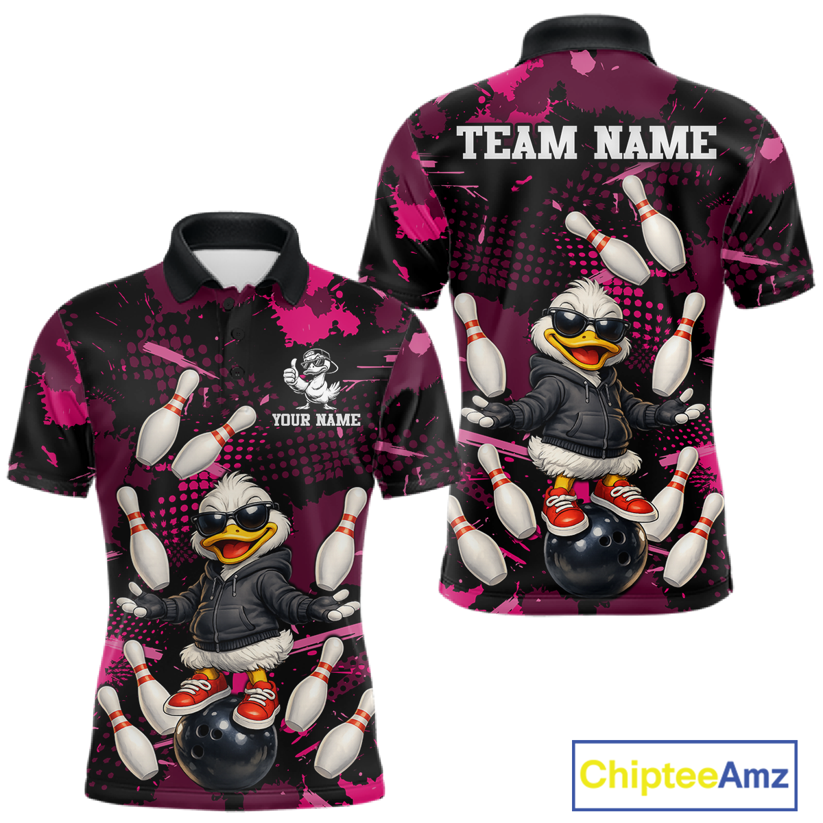 Custom Pink Funny Duck Bowling Shirt for Men Bowling Jersey Polo & 1/4 Zip Bowling Outfit QZT943