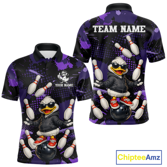 Custom Purple Funny Duck Bowling Shirt for Men Bowling Jersey Polo & 1/4 Zip Bowling Outfit QZT943
