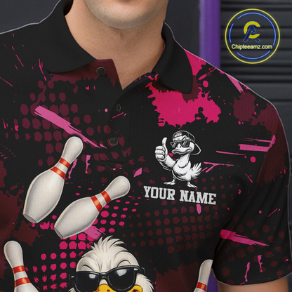 Custom Pink Funny Duck Bowling Shirt for Men Bowling Jersey Polo & 1/4 Zip Bowling Outfit QZT943