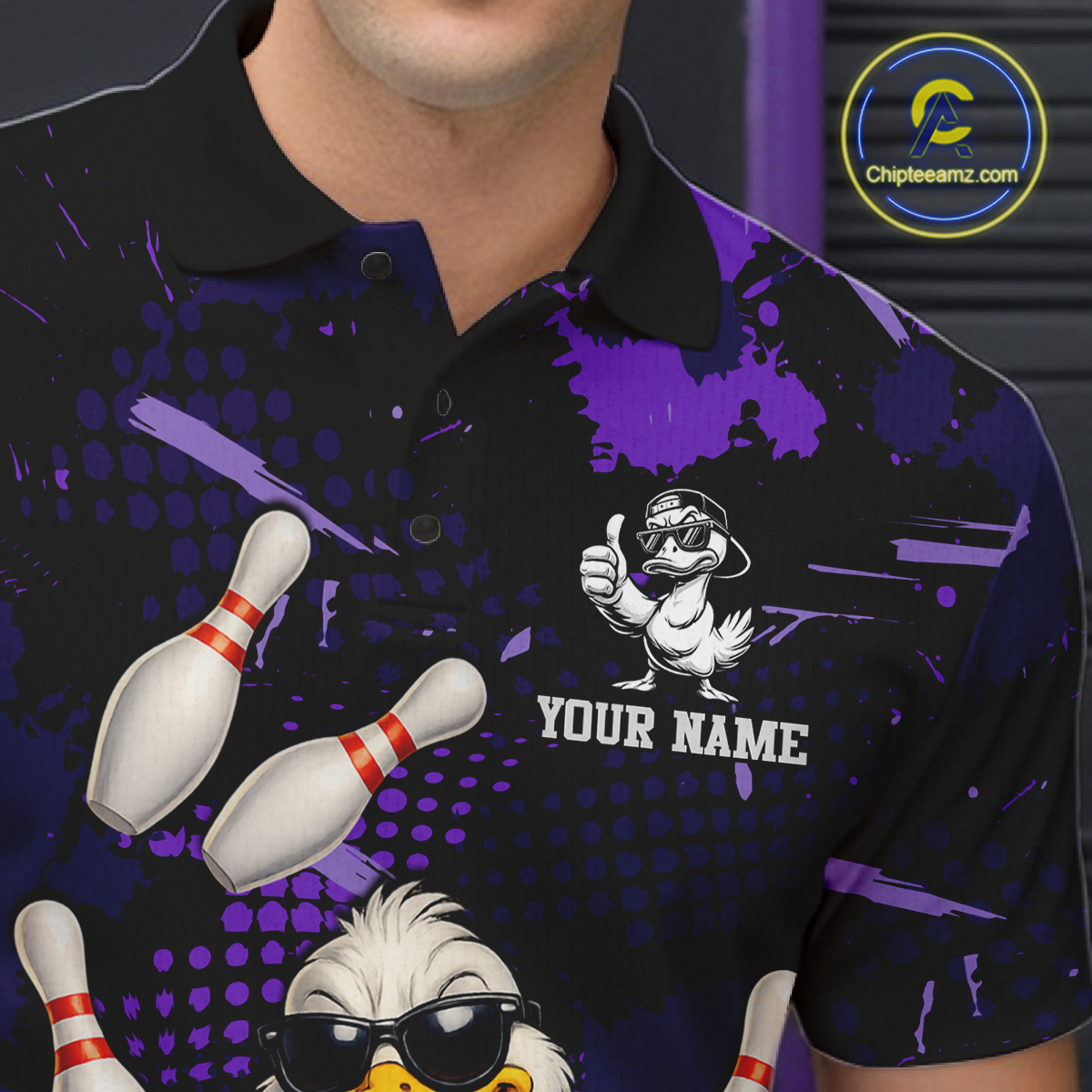 Custom Purple Funny Duck Bowling Shirt for Men Bowling Jersey Polo & 1/4 Zip Bowling Outfit QZT943