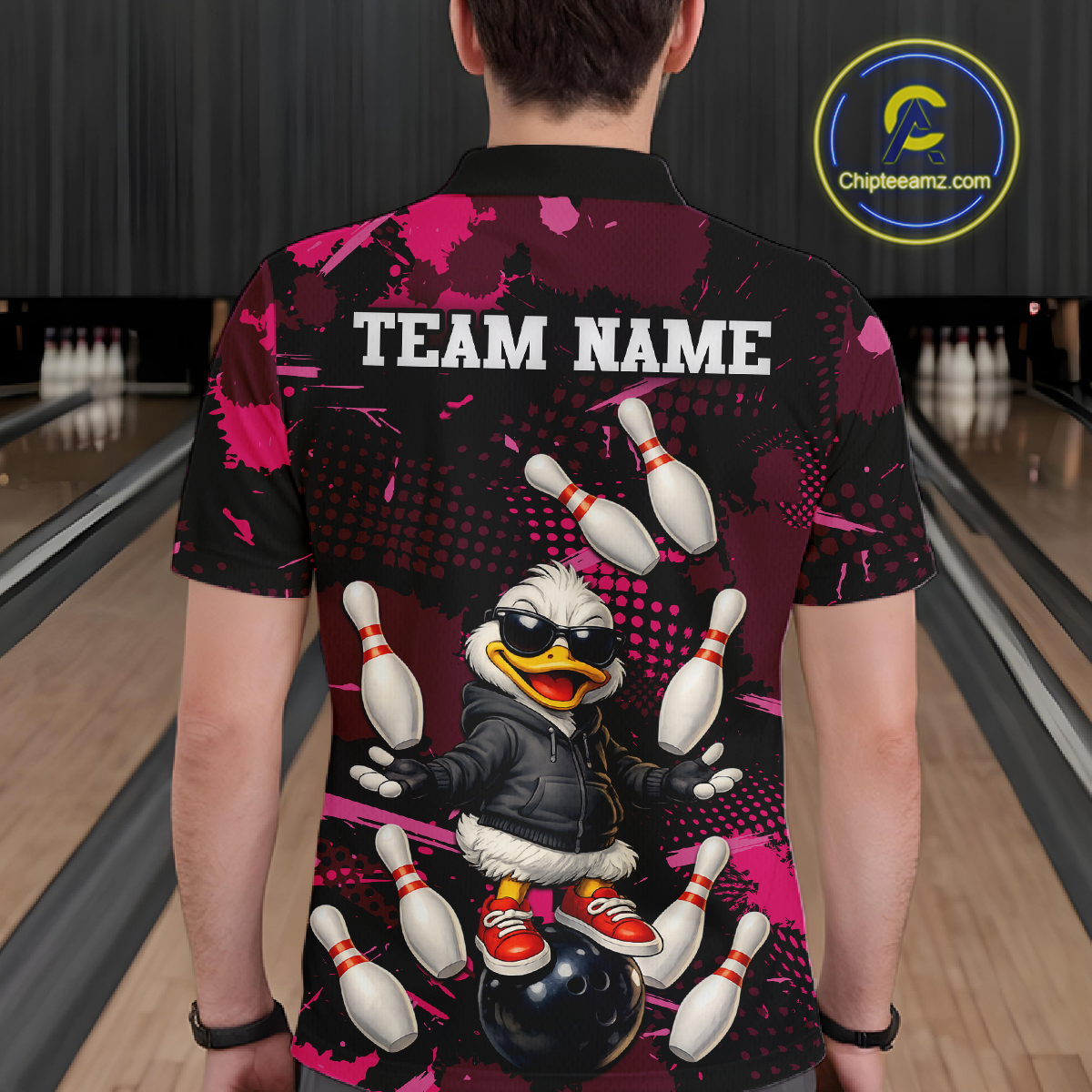 Custom Pink Funny Duck Bowling Shirt for Men Bowling Jersey Polo & 1/4 Zip Bowling Outfit QZT943