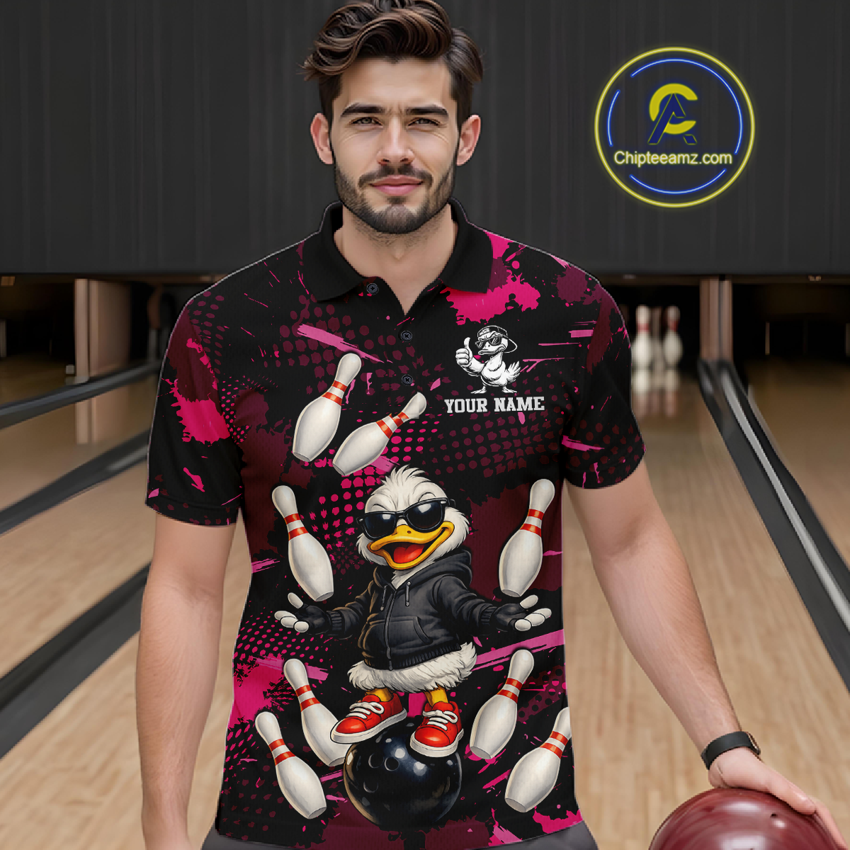 Custom Pink Funny Duck Bowling Shirt for Men Bowling Jersey Polo & 1/4 Zip Bowling Outfit QZT943