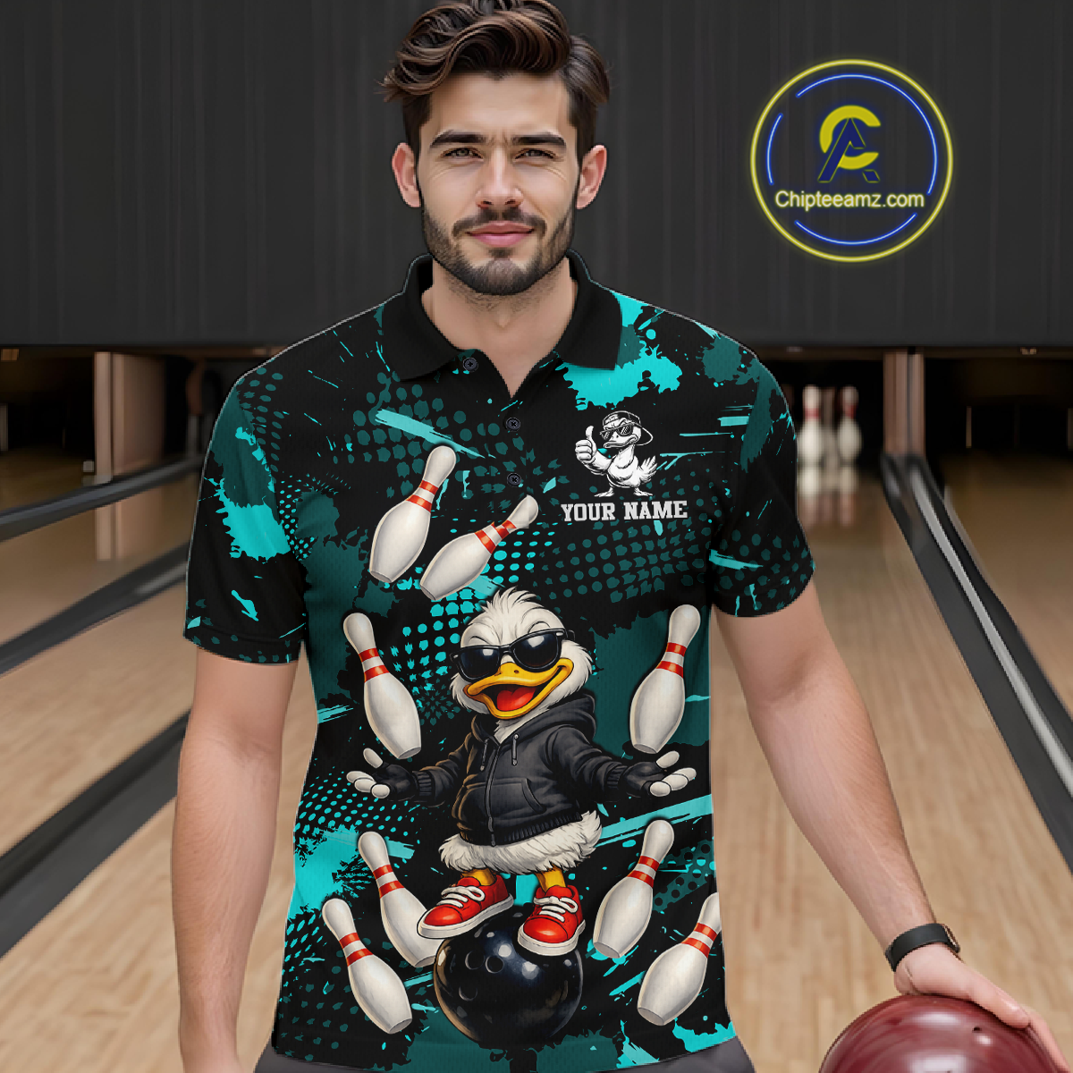 Custom Turquoise Funny Duck Bowling Shirt for Men Bowling Jersey Polo & 1/4 Zip Bowling Outfit QZT943