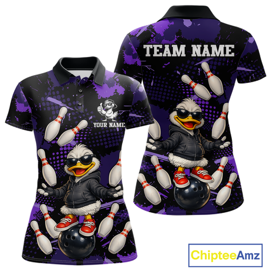 Custom Purple Funny Duck Bowling Shirt for Women Bowling Jersey Polo & 1/4 Zip Bowling Outfit QZT943