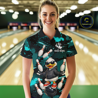Custom Turquoise Funny Duck Bowling Shirt for Women Bowling Jersey Polo & 1/4 Zip Bowling Outfit QZT943
