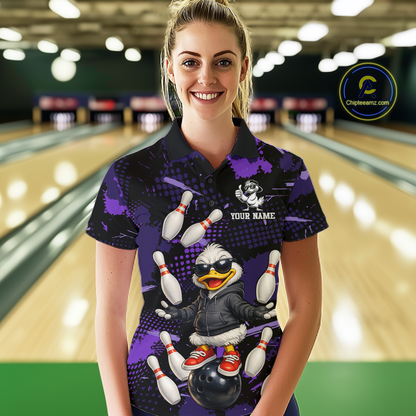 Custom Purple Funny Duck Bowling Shirt for Women Bowling Jersey Polo & 1/4 Zip Bowling Outfit QZT943