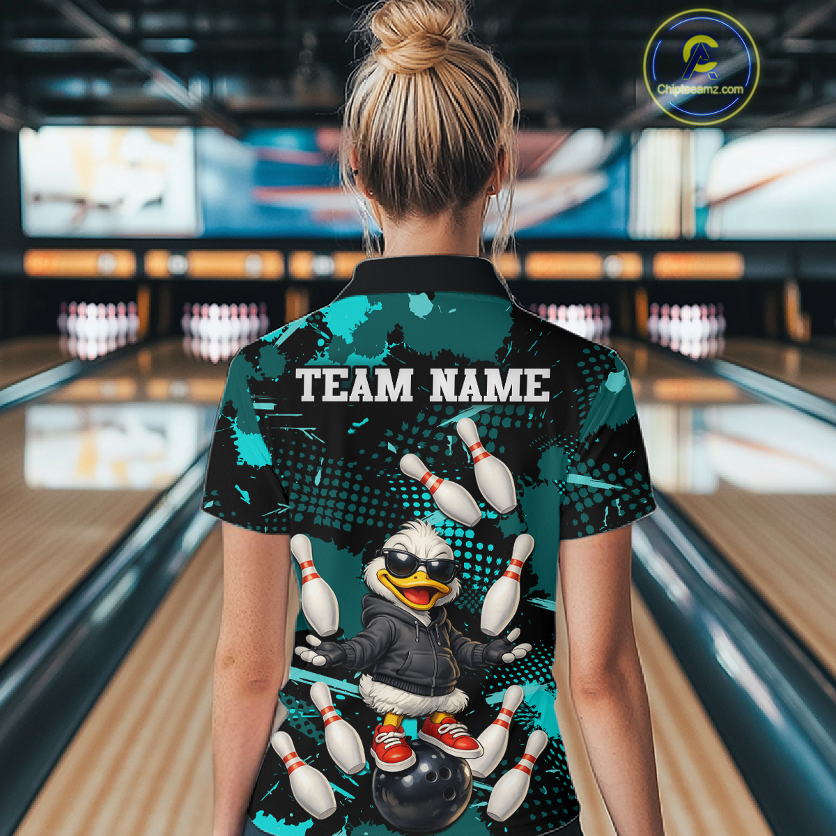 Custom Turquoise Funny Duck Bowling Shirt for Women Bowling Jersey Polo & 1/4 Zip Bowling Outfit QZT943