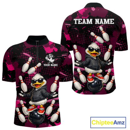 Custom Pink Funny Duck Bowling Shirt for Men Bowling Jersey Polo & 1/4 Zip Bowling Outfit QZT943