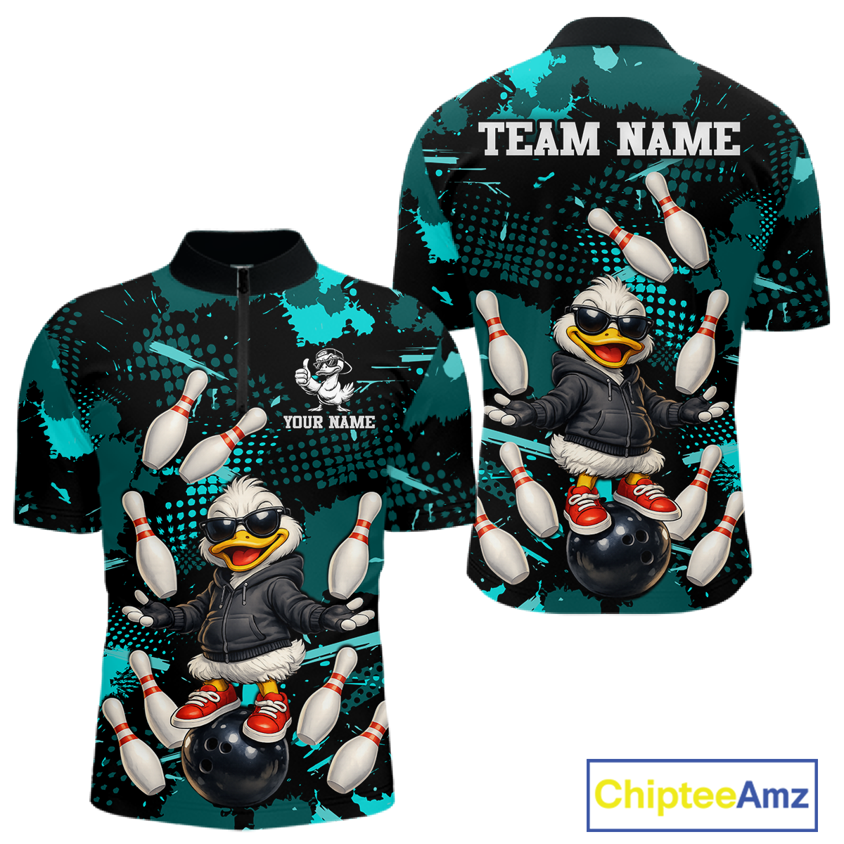 Custom Turquoise Funny Duck Bowling Shirt for Men Bowling Jersey Polo & 1/4 Zip Bowling Outfit QZT943
