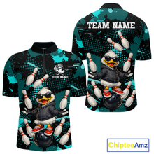 Load image into Gallery viewer, Custom Turquoise Funny Duck Bowling Shirt for Men Bowling Jersey Polo &amp; 1/4 Zip Bowling Outfit QZT943