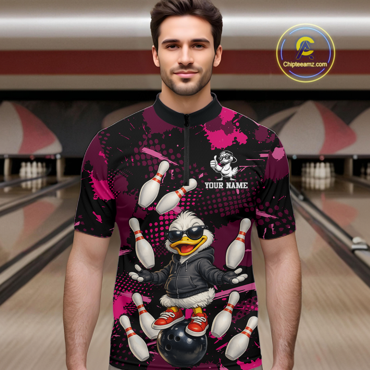Custom Pink Funny Duck Bowling Shirt for Men Bowling Jersey Polo & 1/4 Zip Bowling Outfit QZT943