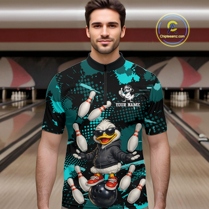 Custom Turquoise Funny Duck Bowling Shirt for Men Bowling Jersey Polo & 1/4 Zip Bowling Outfit QZT943