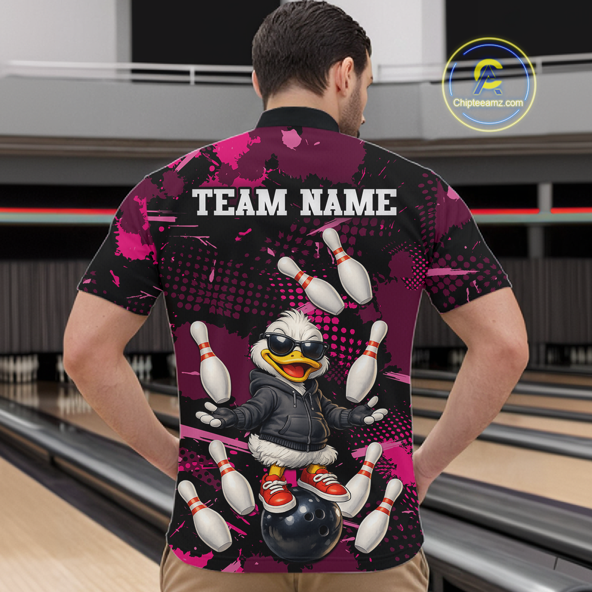 Custom Pink Funny Duck Bowling Shirt for Men Bowling Jersey Polo & 1/4 Zip Bowling Outfit QZT943