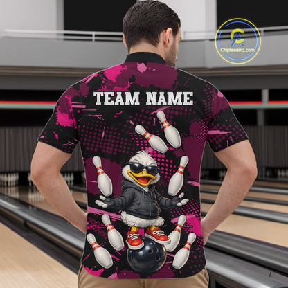 Custom Pink Funny Duck Bowling Shirt for Men Bowling Jersey Polo & 1/4 Zip Bowling Outfit QZT943