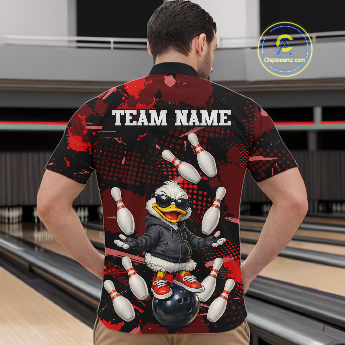 Custom Red Funny Duck Bowling Shirt for Men Bowling Jersey Polo & 1/4 Zip Bowling Outfit QZT943