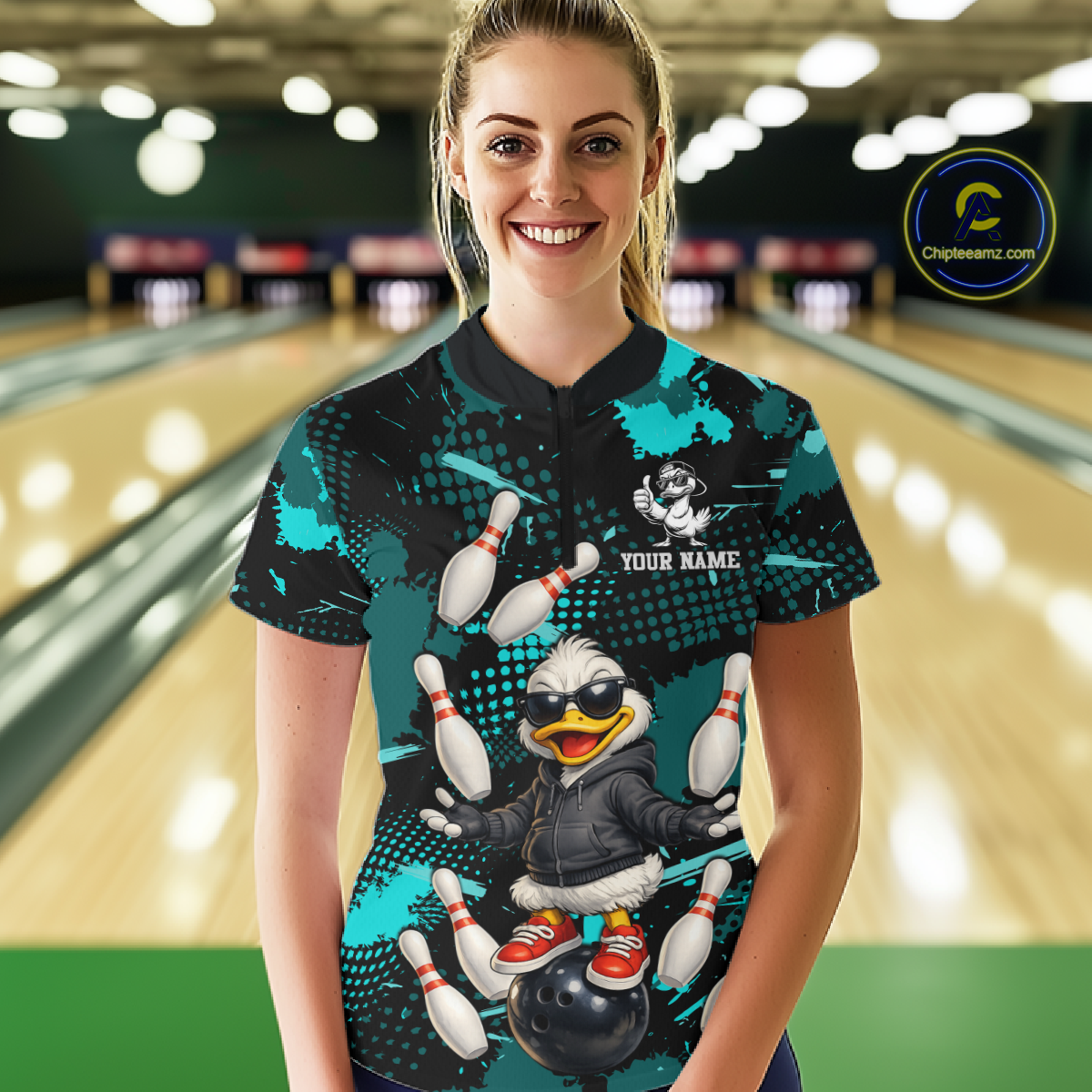 Custom Turquoise Funny Duck Bowling Shirt for Women Bowling Jersey Polo & 1/4 Zip Bowling Outfit QZT943
