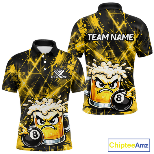 Custom Yellow Funny Beer Billiard Shirt for Men Billiard Jersey 8 Ball Pool Shirt Outfit BHT23