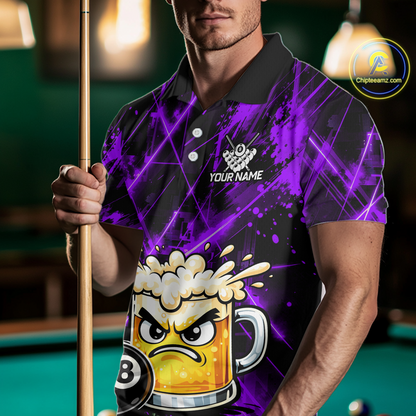 Custom Purple Funny Beer Billiard Shirt for Men Billiard Jersey 8 Ball Pool Shirt Outfit BHT23