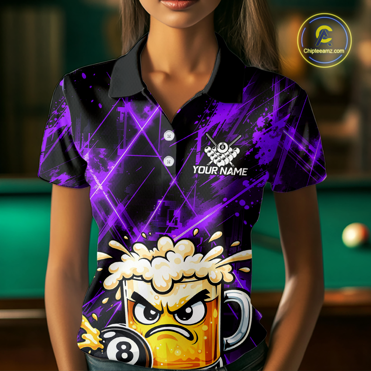 Custom Purple Funny Beer Billiard Shirt for Women Billiard Jersey 8 Ball Pool Shirt Outfit BHT23