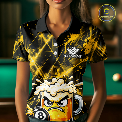 Custom Yellow Funny Beer Billiard Shirt for Women Billiard Jersey 8 Ball Pool Shirt Outfit BHT23