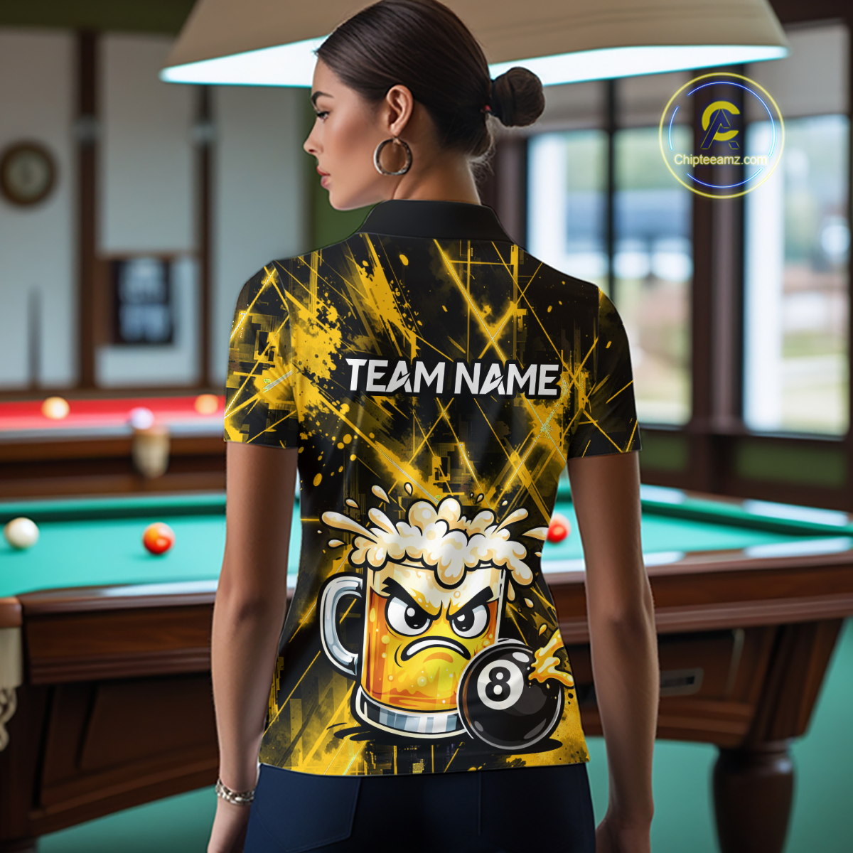 Custom Yellow Funny Beer Billiard Shirt for Women Billiard Jersey 8 Ball Pool Shirt Outfit BHT23