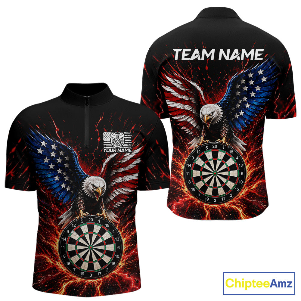 Front and back view of a custom patriotic eagle dart quarter zip featuring a bald eagle, an American flag, and a flaming dartboard, personalized team name and player name.