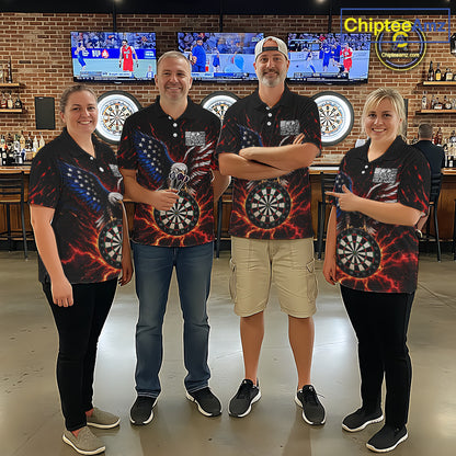 Group of four wearing matching custom patriotic eagle dart polo shirts featuring bald eagles, American flags, and flaming dartboards in a professional dart room.