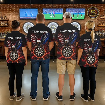 Back view of four people wearing matching custom patriotic eagle dart polo shirts with personalized team names and bald eagles, American flags, and flaming dartboards in a professional dart room.