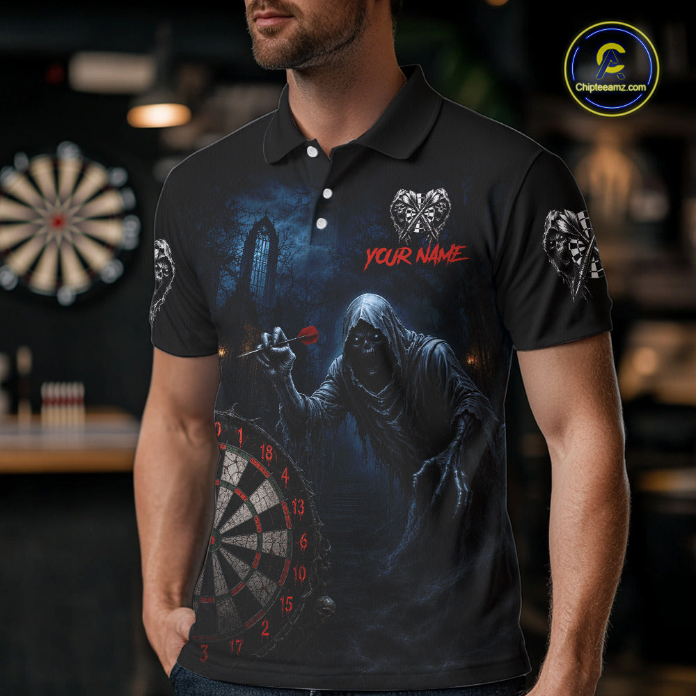 Custom Red Dart Polo Shirt for Men Grim Reaper Throwing Darts Dark Gothic Dart Jersey DHT51