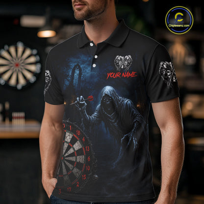 Custom Red Dart Polo Shirt for Men Grim Reaper Throwing Darts Dark Gothic Dart Jersey DHT51