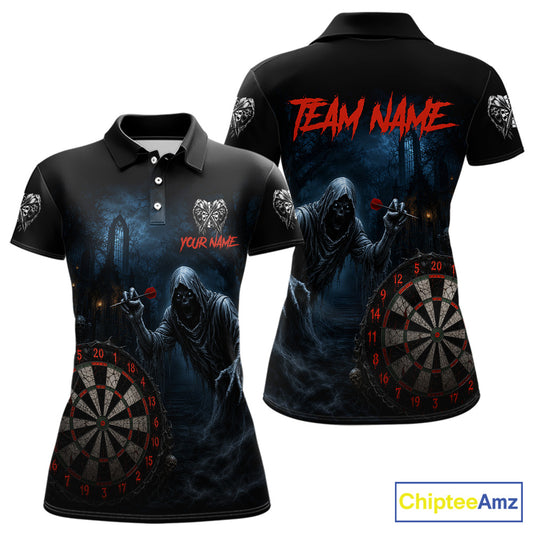 Custom Red Dart Polo Shirt for Women Grim Reaper Throwing Darts Dark Gothic Dart Jersey DHT51