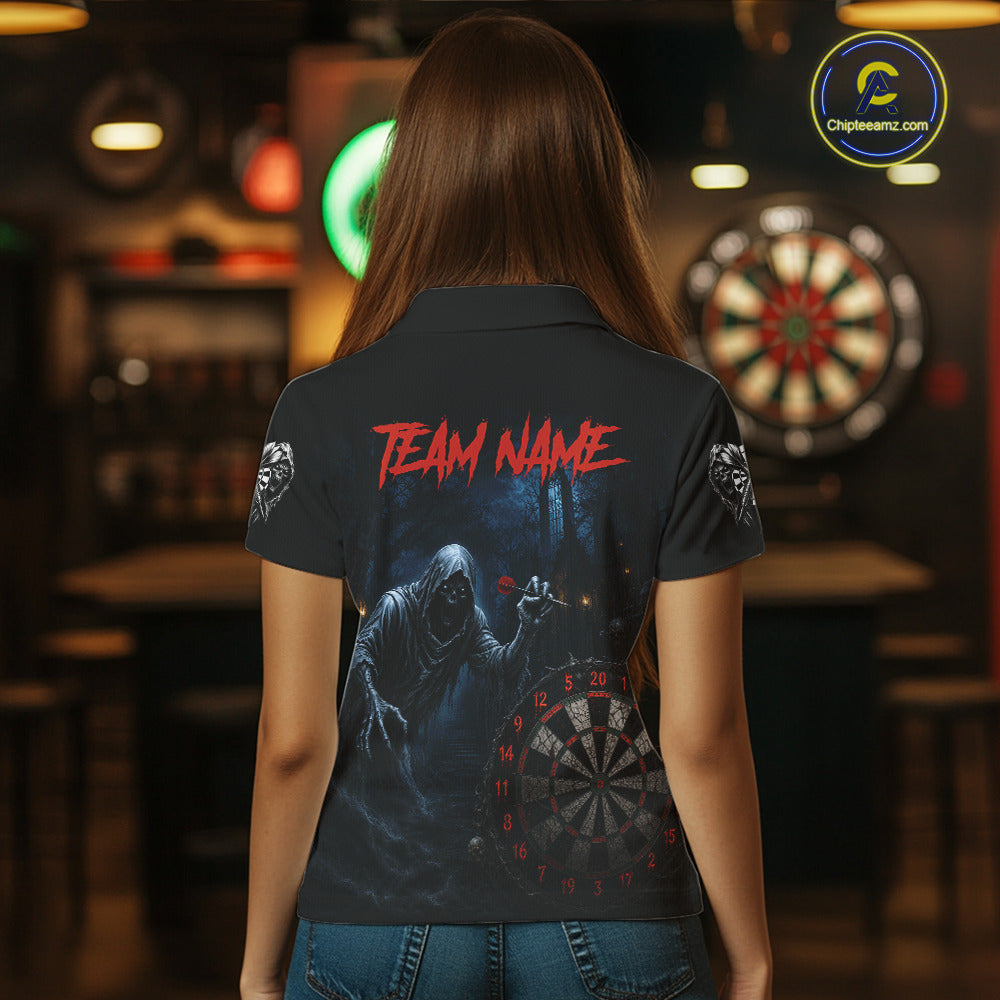 Custom Red Dart Polo Shirt for Women Grim Reaper Throwing Darts Dark Gothic Dart Jersey DHT51