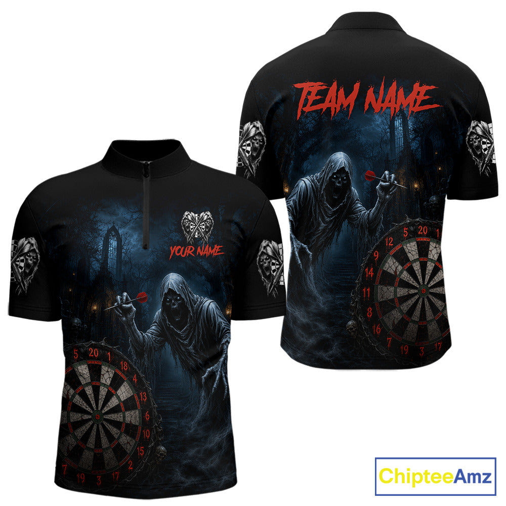 Custom Red Dart Polo Shirt for Men Grim Reaper Throwing Darts Dark Gothic Dart Jersey DHT51