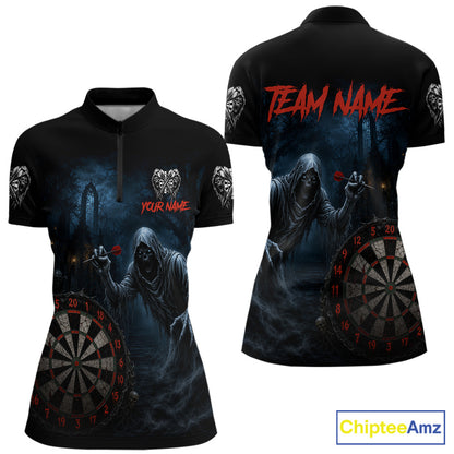 Custom Red Dart Polo Shirt for Women Grim Reaper Throwing Darts Dark Gothic Dart Jersey DHT51