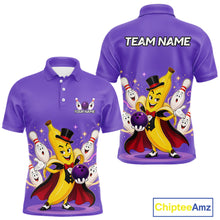Load image into Gallery viewer, Purple polo shirt with cartoon banana character and bowling pins on a white background