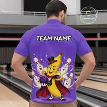Load image into Gallery viewer, Person wearing a purple bowling-themed shirt with cartoon characters in a bowling alley.