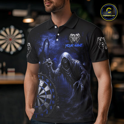 Custom Blue Dart Polo Shirt for Men Grim Reaper Throwing Darts Dark Gothic Dart Jersey DHT55