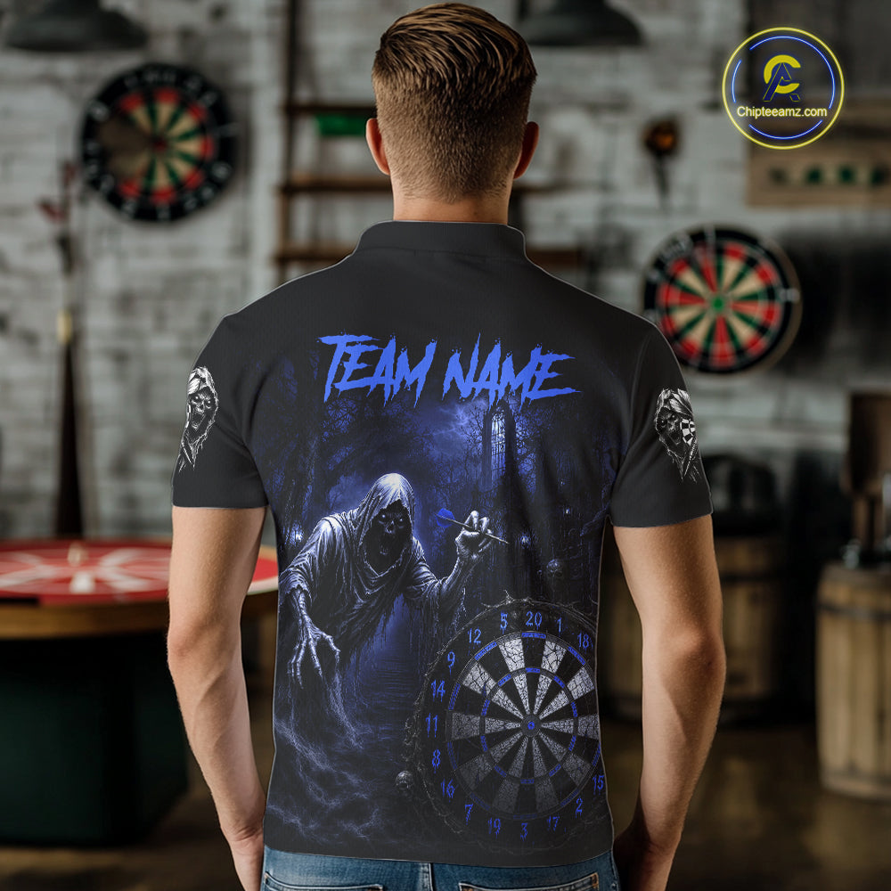 Custom Blue Dart Polo Shirt for Men Grim Reaper Throwing Darts Dark Gothic Dart Jersey DHT55