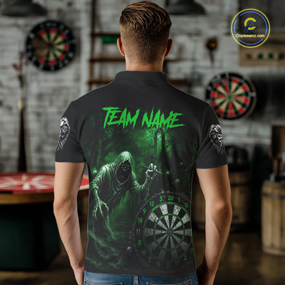 Custom Green Dart Polo Shirt for Men Grim Reaper Throwing Darts Dark Gothic Dart Jersey DHT55
