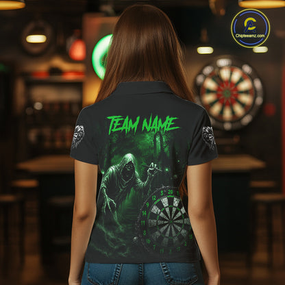 Custom Green Dart Polo Shirt for Women Grim Reaper Throwing Darts Dark Gothic Dart Jersey DHT55