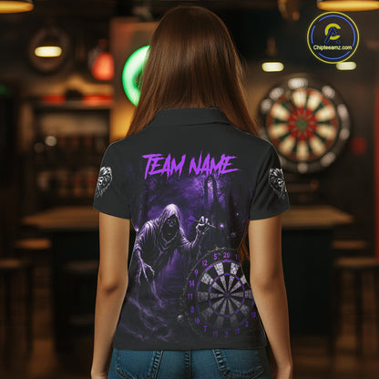 Custom Purple Dart Polo Shirt for Women Grim Reaper Throwing Darts Dark Gothic Dart Jersey DHT55