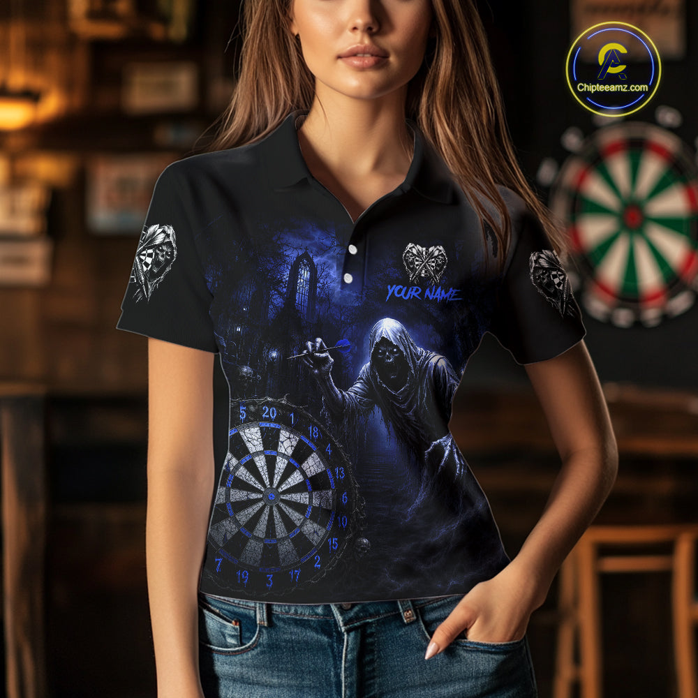 Custom Blue Dart Polo Shirt for Women Grim Reaper Throwing Darts Dark Gothic Dart Jersey DHT55