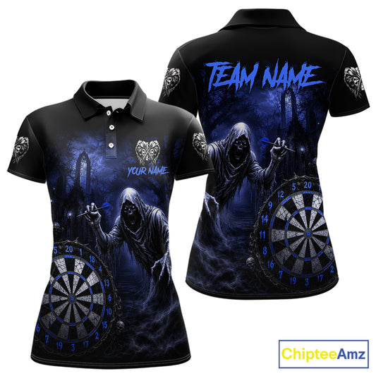 Custom Blue Dart Polo Shirt for Women Grim Reaper Throwing Darts Dark Gothic Dart Jersey DHT55